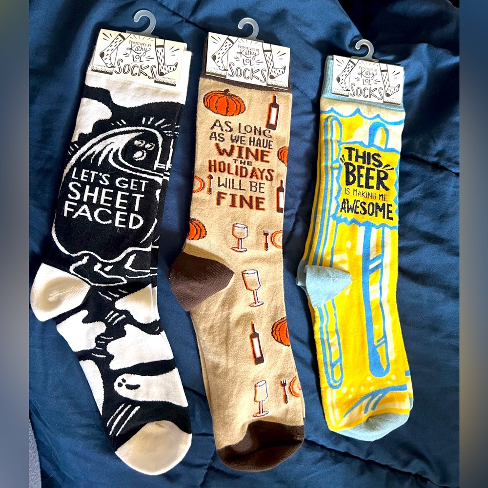 3-pack of fun drinking-related &/or holiday Kathy Primitives socks (beer, wine)